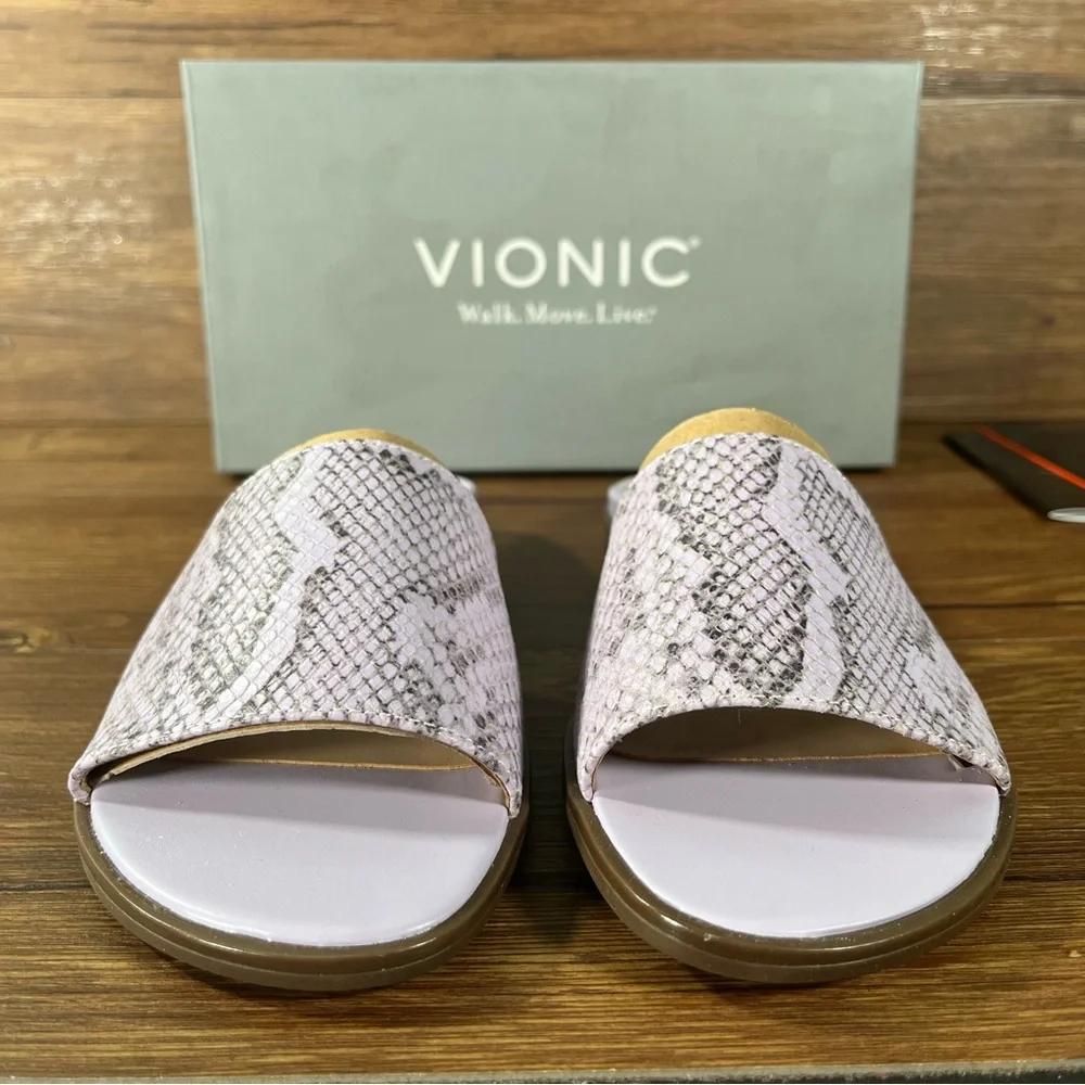 VIONIC Demi Purple Leather Slides Sandals Slip-On Shoes Snakeskin Women’s NEW‎